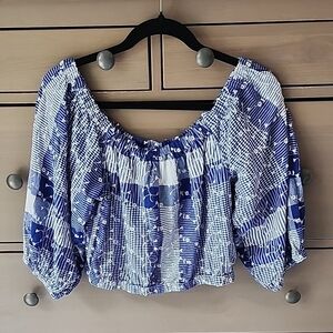 Forever 21 Blue And White Off Shoulder Cropped Top With Puff Sleeve